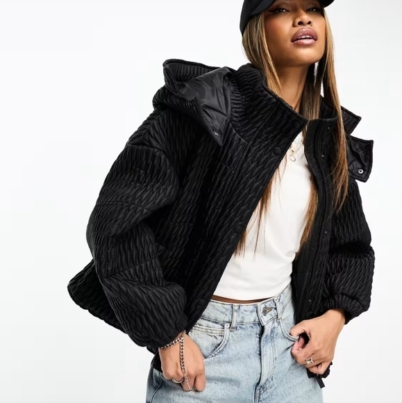 NEW Sixth June Paris Textured Puffer Jacket Hoodie in black Medium - Picture 1 of 15